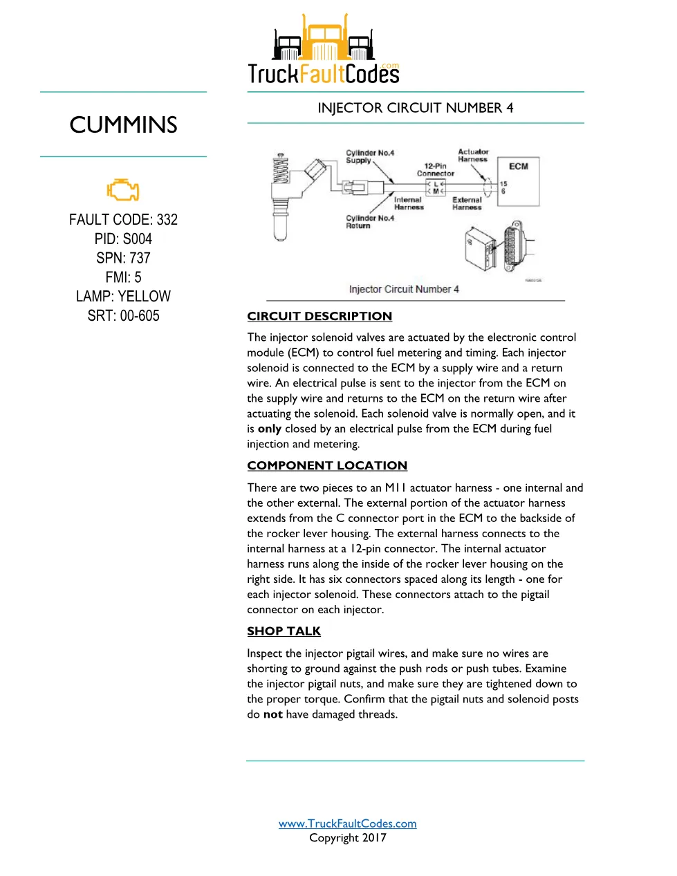 Cummins M11 Code 332 — Injector Circuit #4 Fault Troubleshooting - preview page 1 of 6