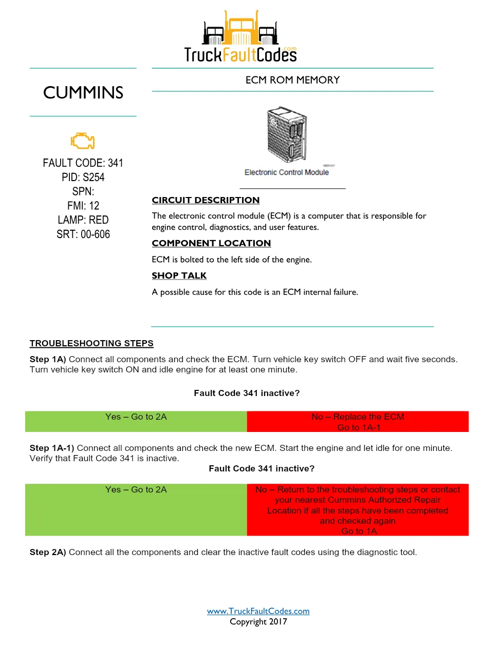 Cummins M11 code 341 — ECM ROM Memory diagnostic, PID S254, PDF 2 - preview page 1 of 2