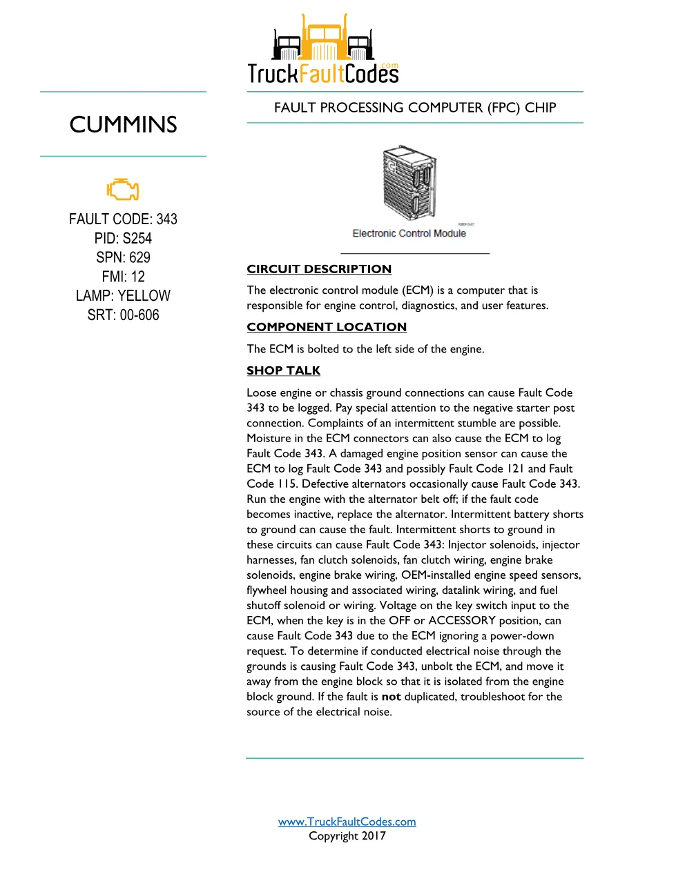 Cummins M11 code 343 — Fault Processing Computer (FPC) Chip - preview page 1 of 5