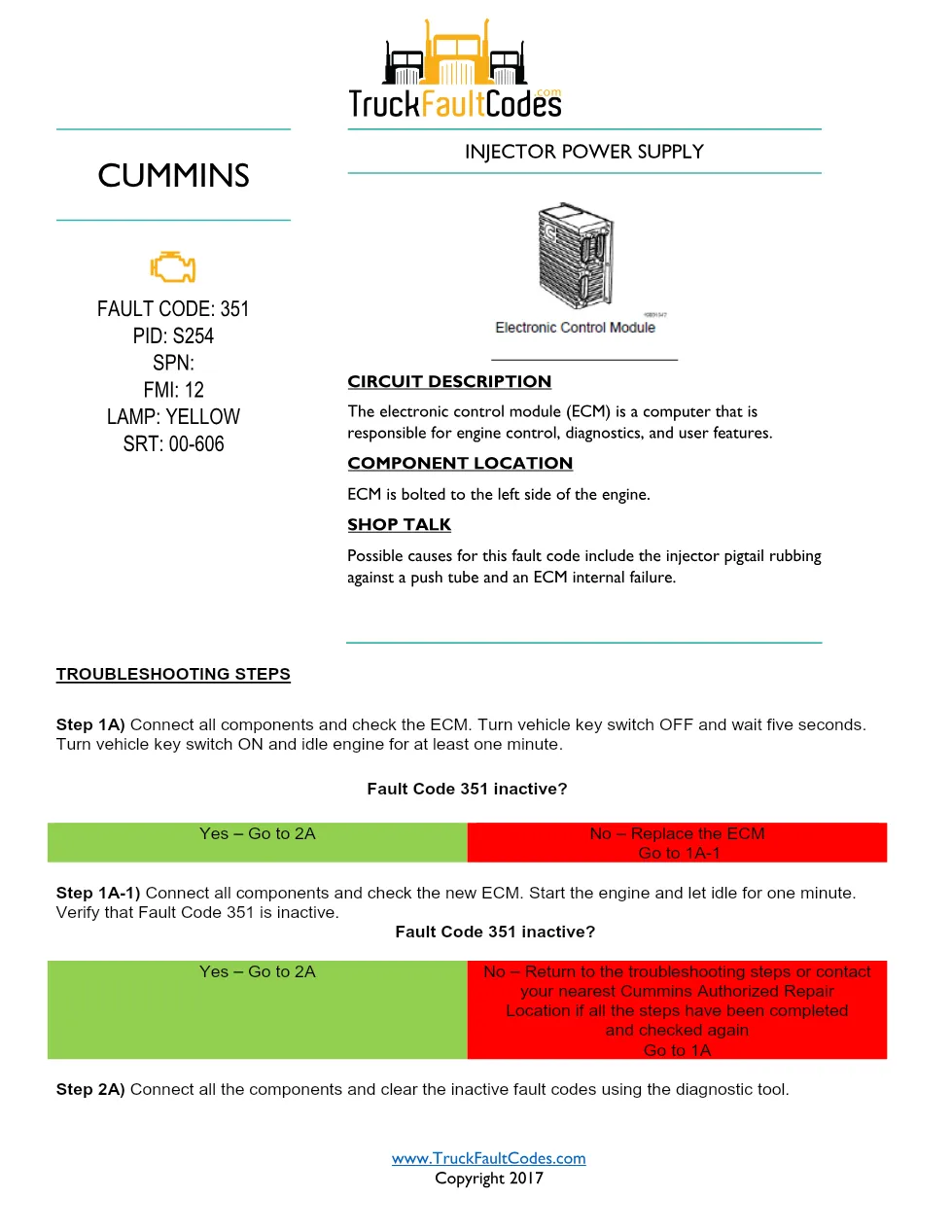 Cummins M11 code 351 — Injector Power Supply diagnostic, PID - preview page 1 of 2