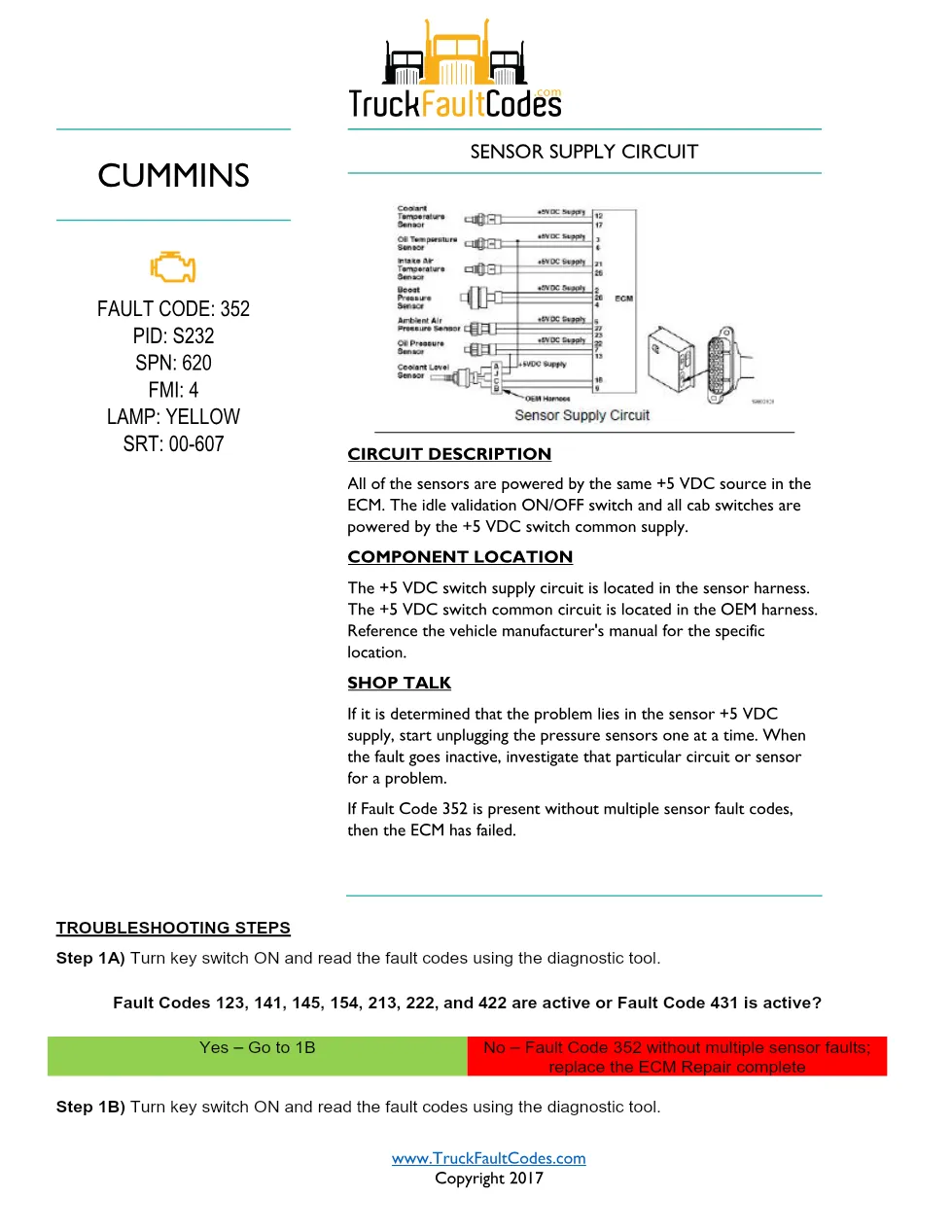 Cummins M11 code 352 — Sensor Supply Circuit diagnostic, PID - preview page 1 of 2