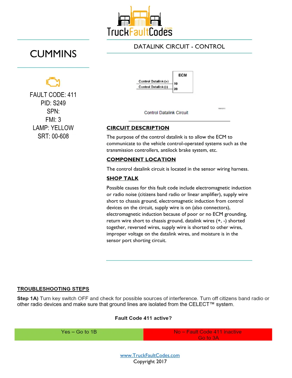 Cummins M11 code 411 — Datalink Circuit – Control diagnostic, PID - preview page 1 of 4