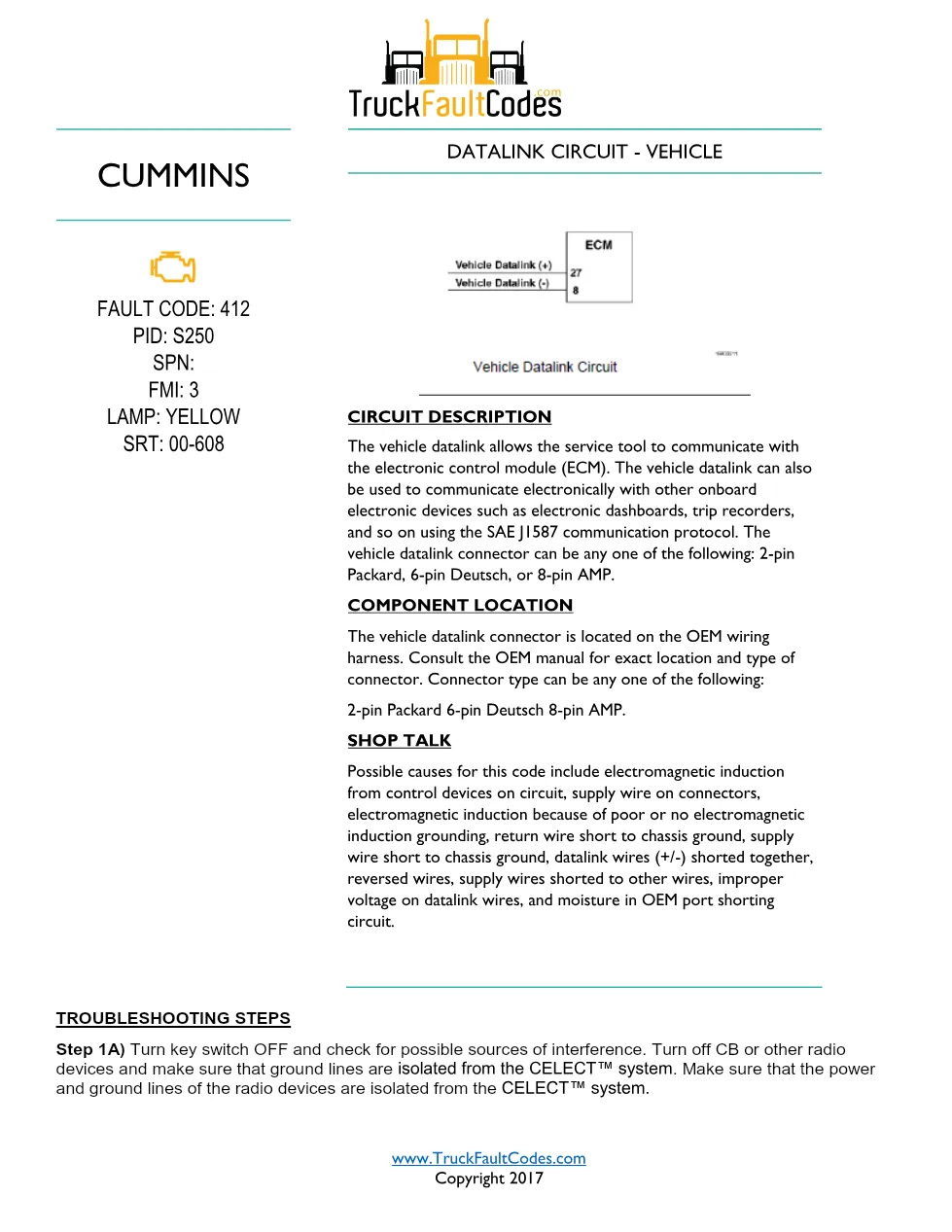 Cummins M11 code 412 — Datalink Circuit – Vehicle diagnostic, PID - preview page 1 of 4