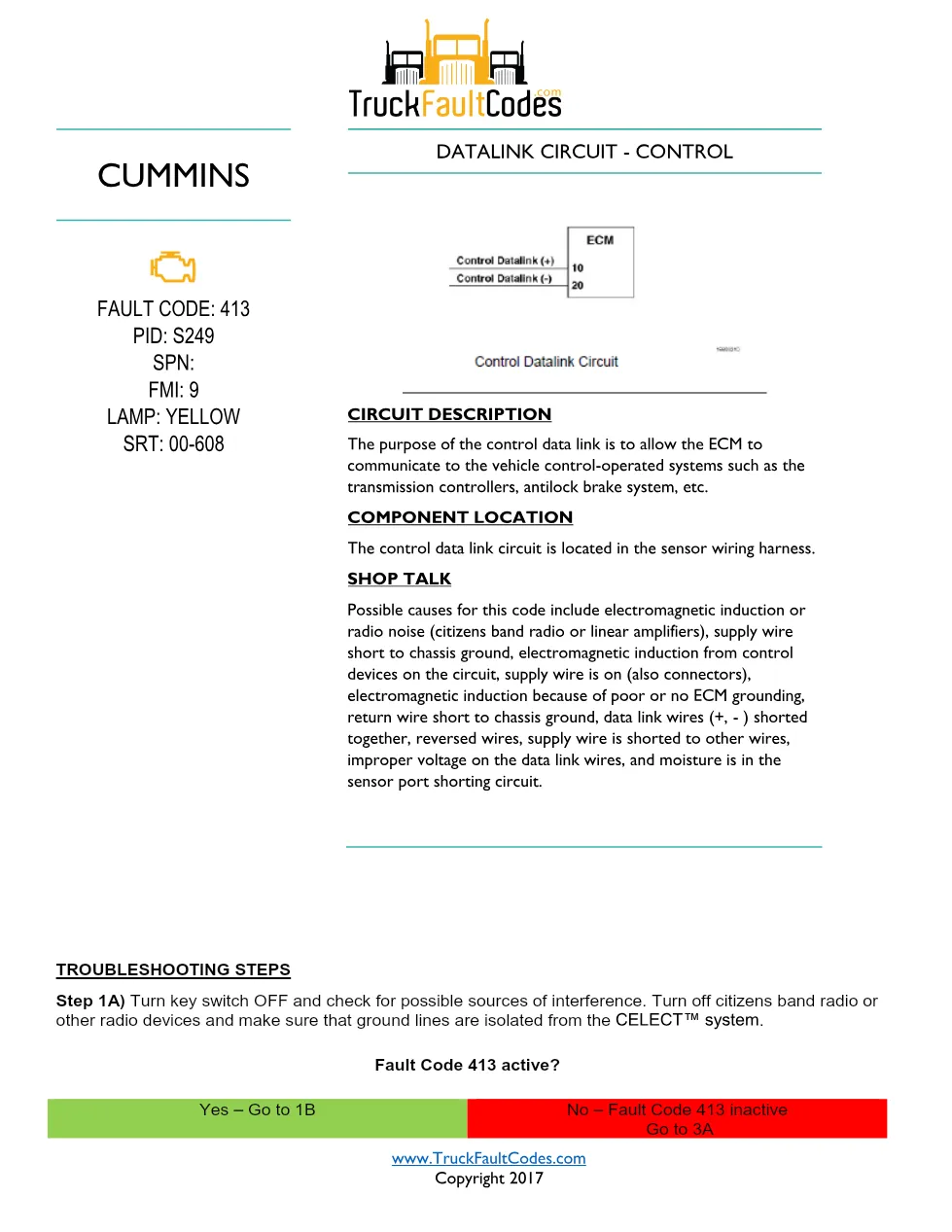 Cummins M11 code 413 — Datalink Circuit – Control diagnostic, PID - preview page 1 of 4