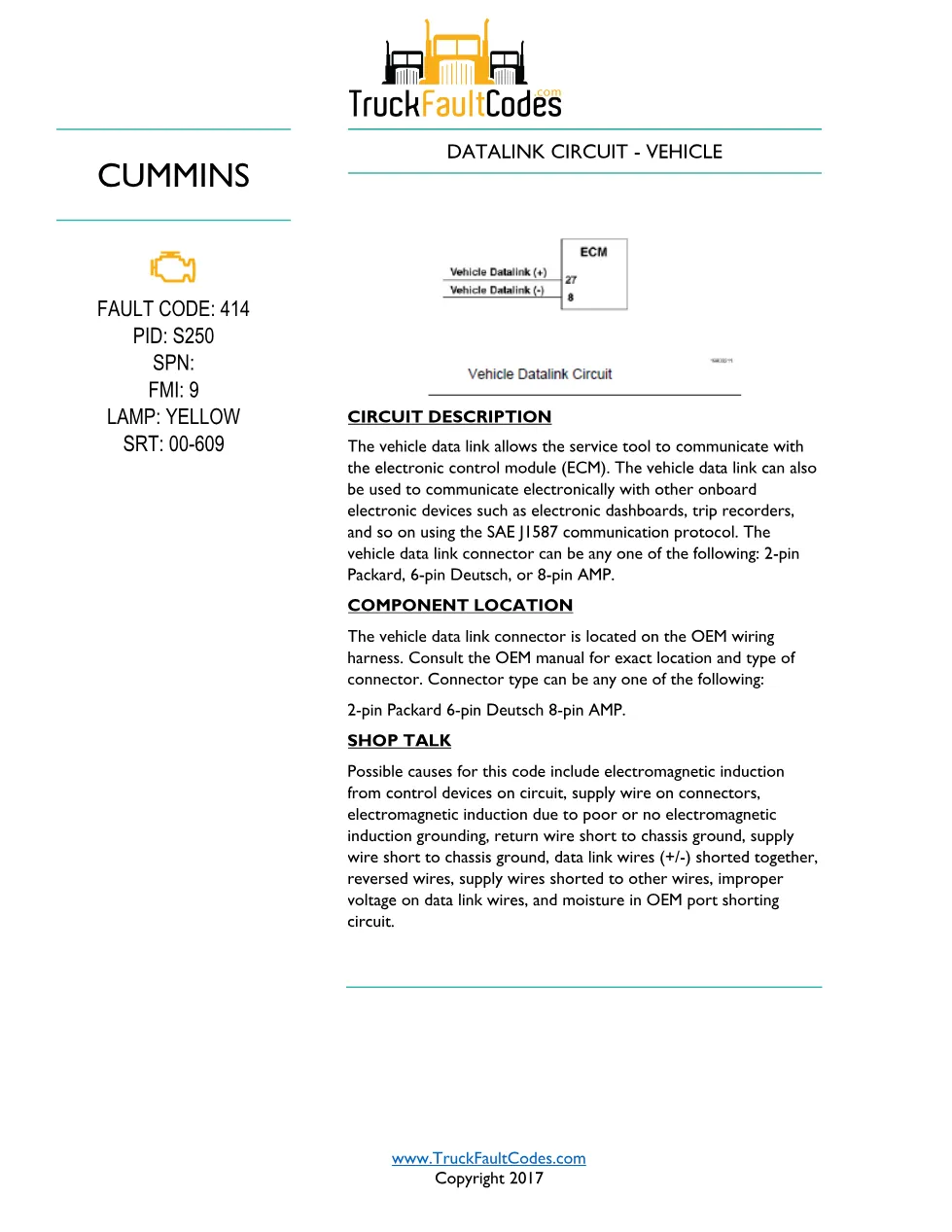 Cummins M11 code 414 — Datalink Circuit – Vehicle diagnostic, PID - preview page 1 of 4