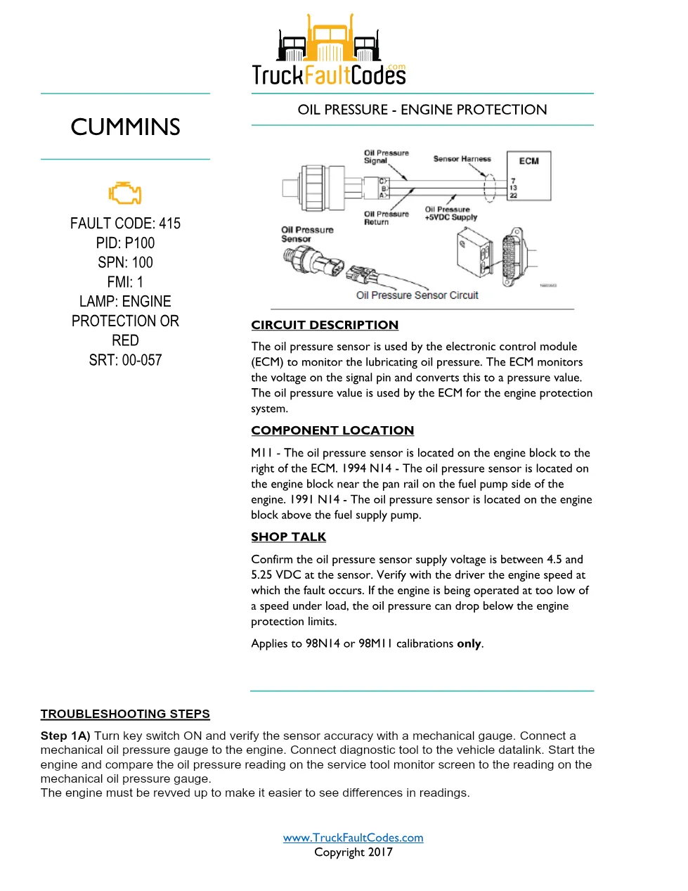 Cummins M11 code 415 — Oil Pressure – Engine Protection – Service - preview page 1 of 2