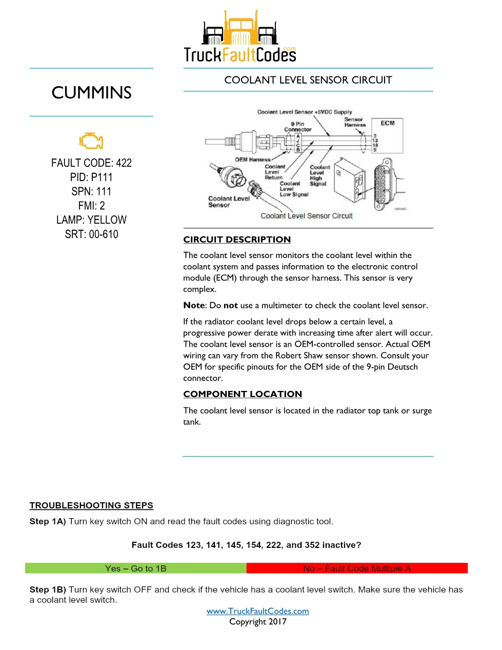 Cummins M11 code 422 — Coolant Level Sensor Circuit diagnostic, - preview page 1 of 5