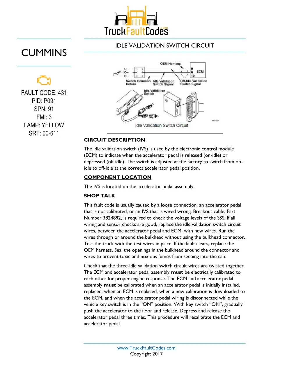 Cummins M11 code 431 — Idle Validation Switch Circuit IVS (P091, - preview page 1 of 5