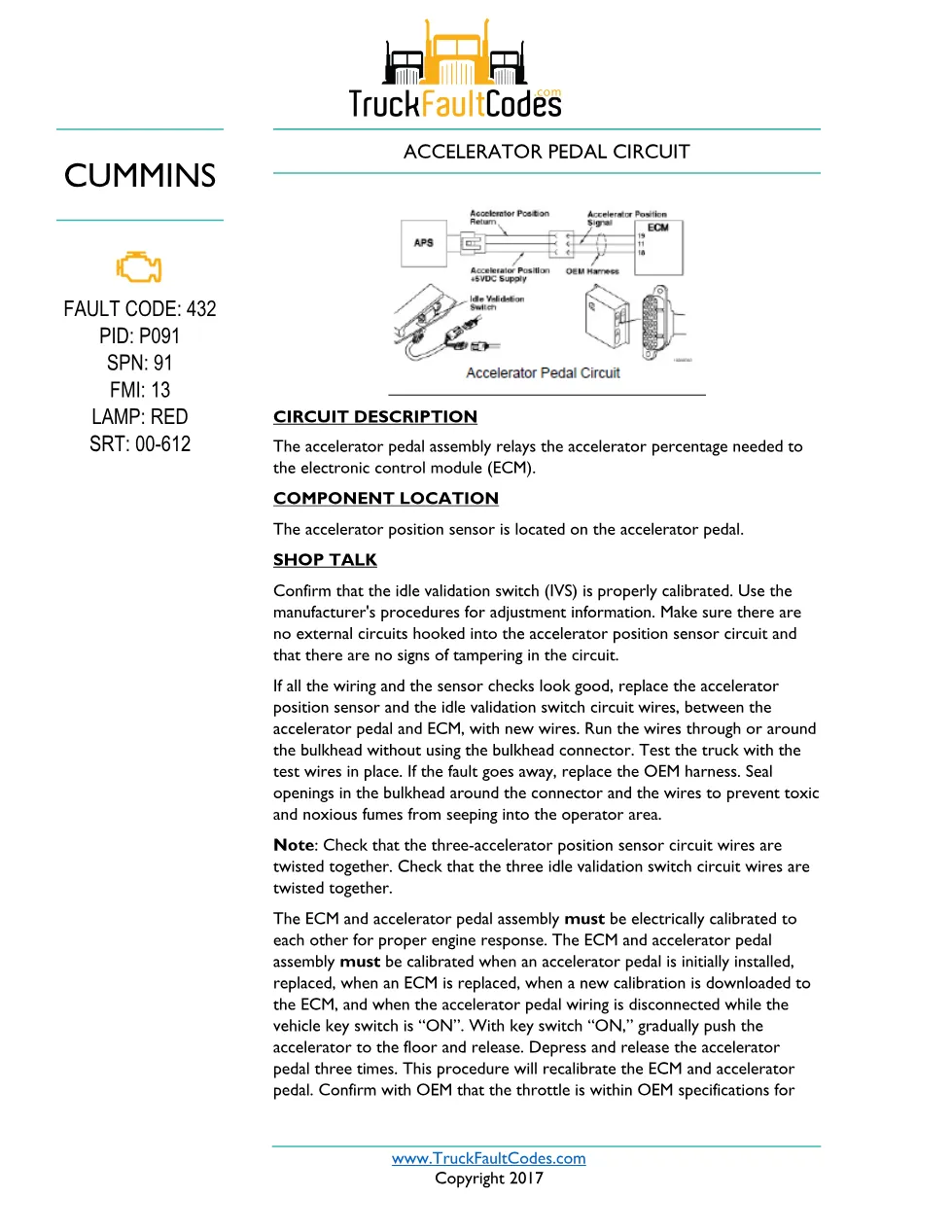 Cummins M11 code 432 — Accelerator Pedal Circuit IVS (P091, FMI - preview page 1 of 6