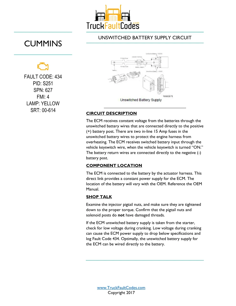 Cummins M11 code 434 — Unswitched Battery Supply Circuit (S251, - preview page 1 of 6