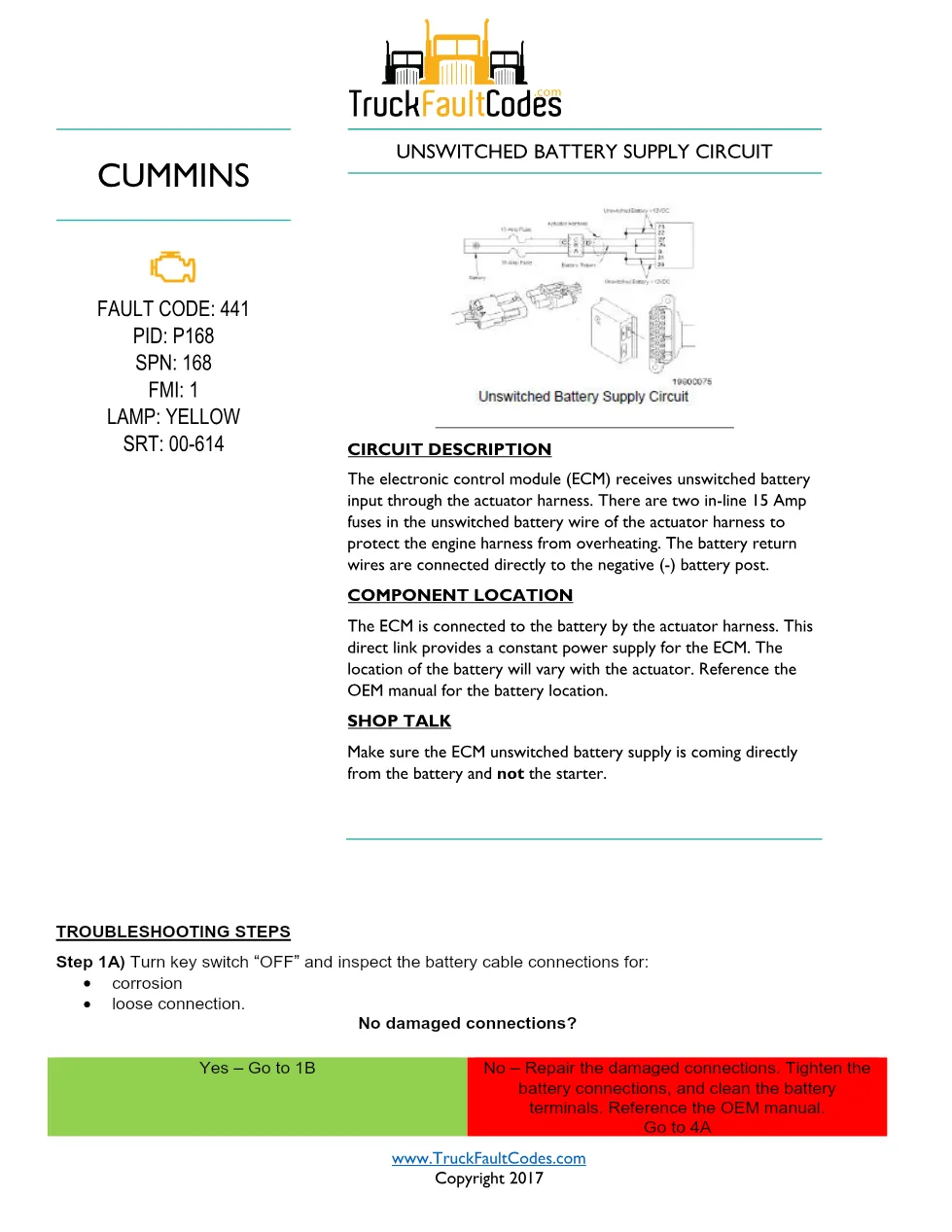 Cummins M11 code 441 — Unswitched Battery Supply Circuit (P168, - preview page 1 of 5
