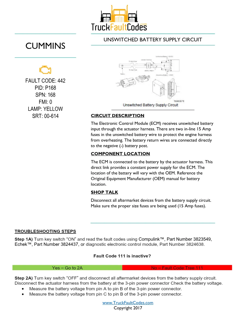 Cummins M11 code 442 — Unswitched Battery Supply Circuit (P168, - preview page 1 of 2