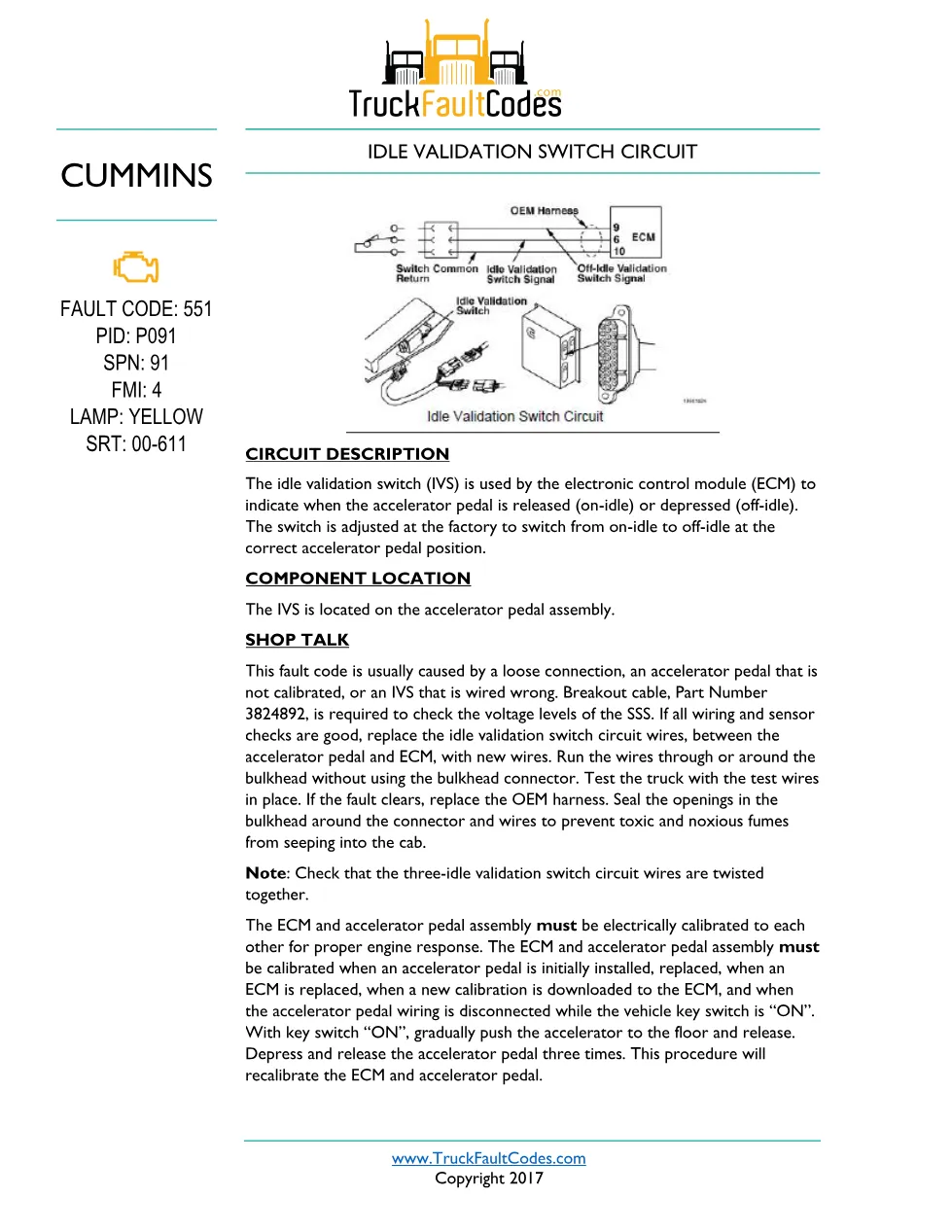 Cummins M11 code 551 — Idle Validation Switch Circuit (PID P091, - preview page 1 of 5