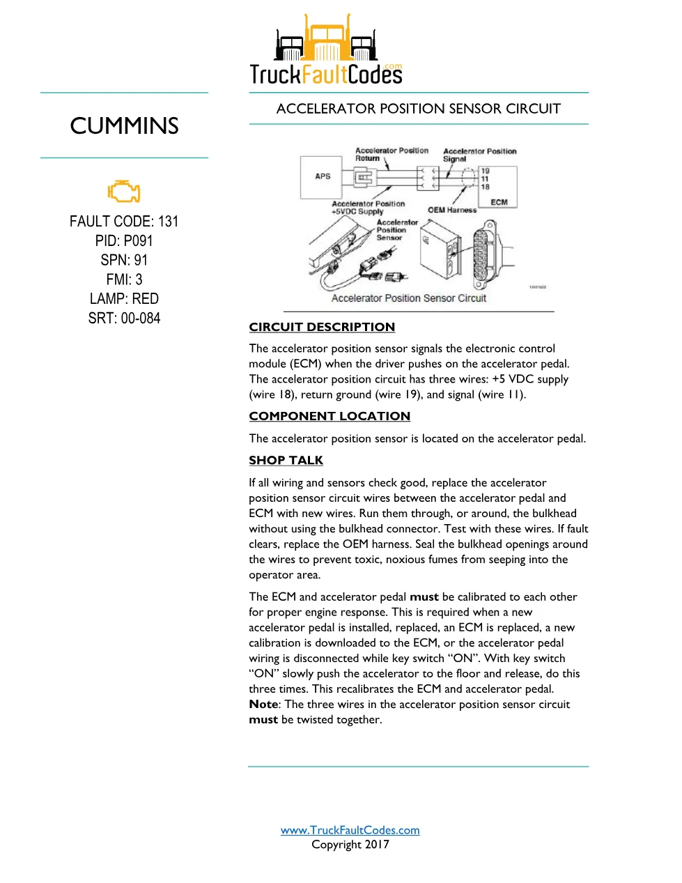 Cummins M11 fault 131 — Accelerator position sensor circuit (SPN - preview page 1 of 6
