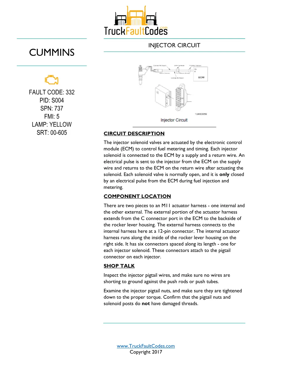 Cummins M11 injector circuit — Fault Code 332 (S004, SPN 737, FMI - preview page 1 of 6