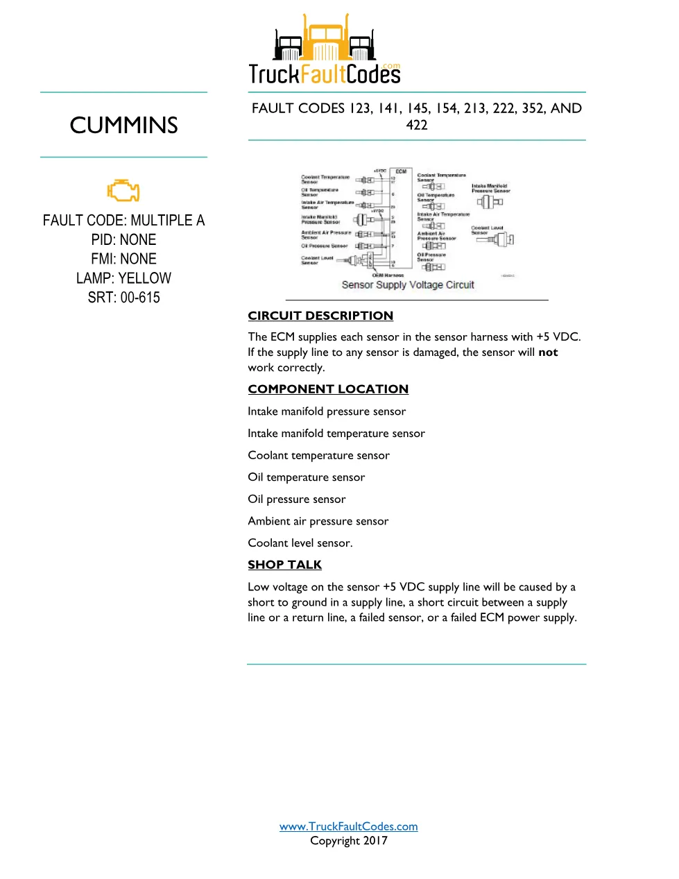 Cummins M11 Multiple A — Sensor +5 VDC Supply Fault Group (SRT - page 1 is available after signing in