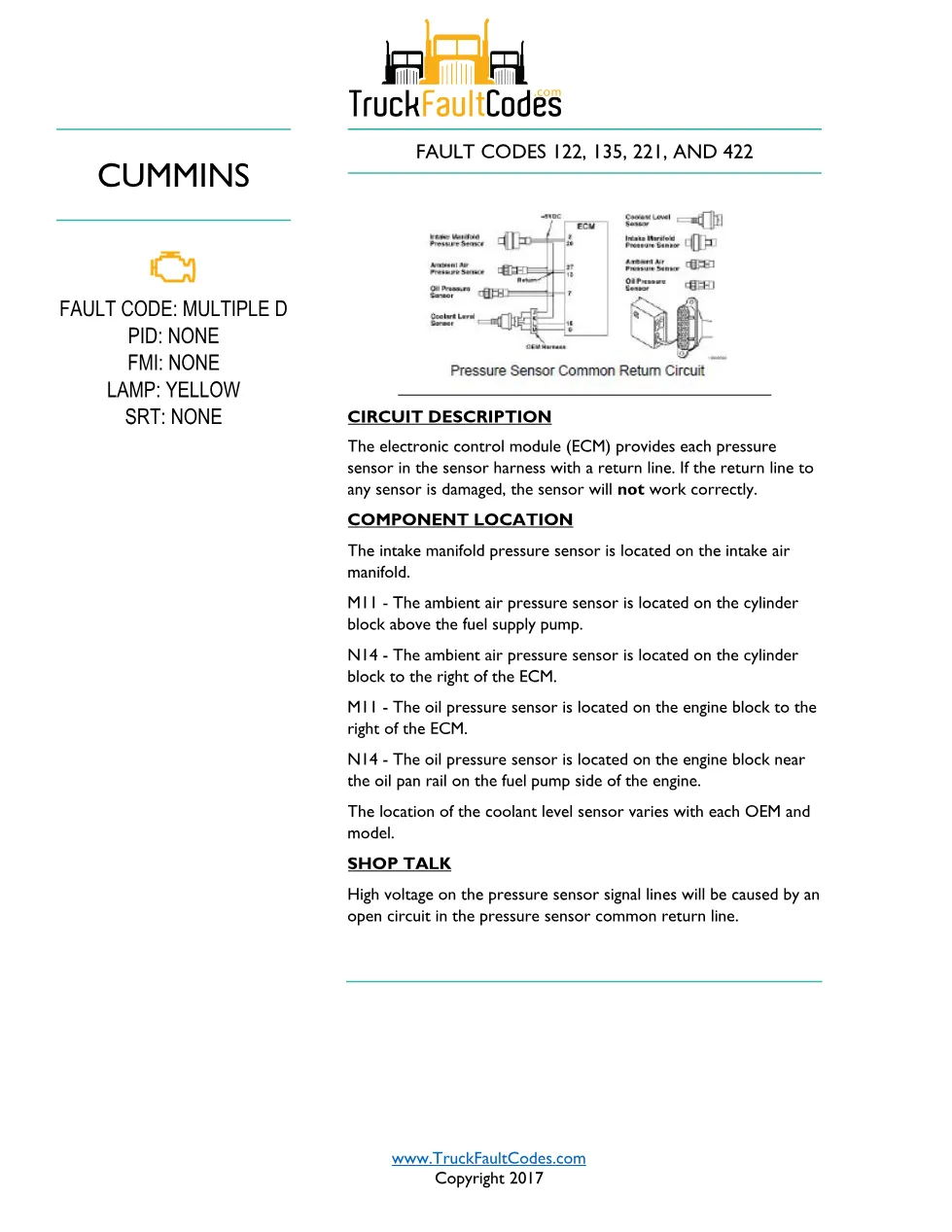 Cummins M11 Multiple D — Pressure Sensor Common Return Fault - page 1 is available after signing in