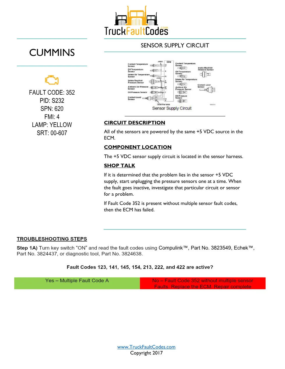 Cummins M11 sensor supply — Fault Code 352 (+5 VDC, S232, FMI 4) - page 1 is available after signing in