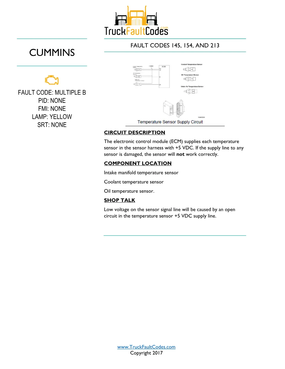 Cummins M11 temperature sensor supply — Fault Codes 145, 154, 213 - page 1 is available after signing in