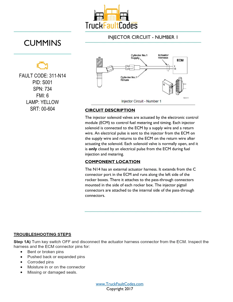 Cummins N14 code 311 — Injector Circuit Number 1 Fault Code - preview page 1 of 3