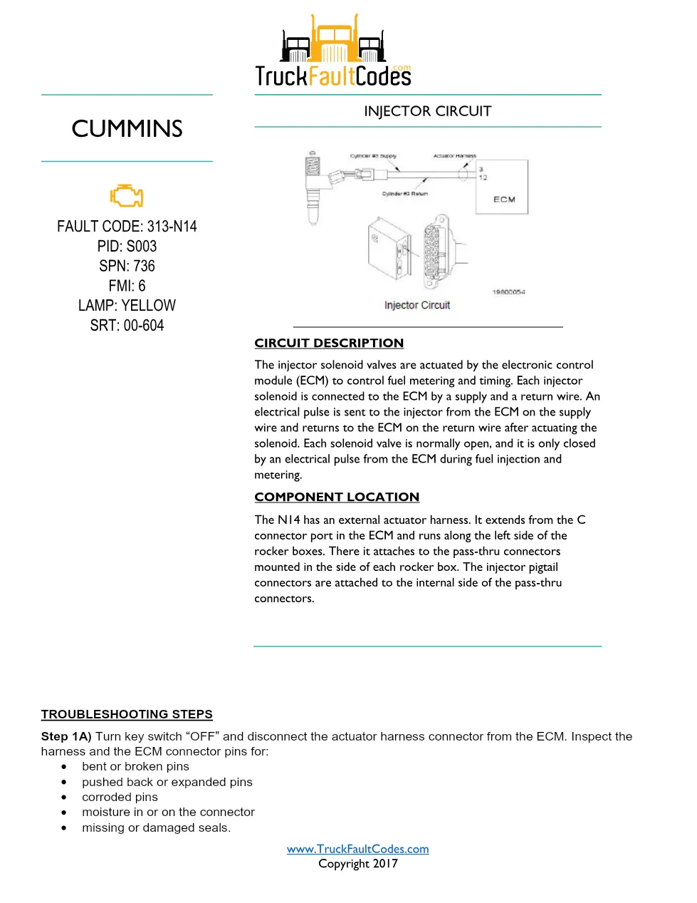 Cummins N14 code 313 injector circuit troubleshooting PDF — SPN - preview page 1 of 3