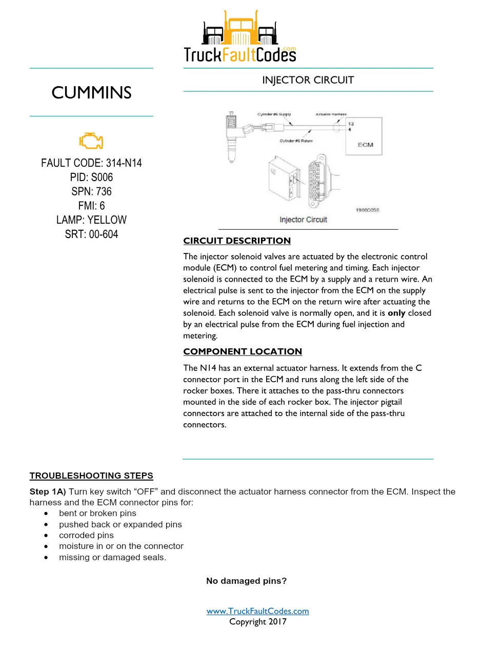 Cummins N14 code 314 injector circuit troubleshooting PDF — SPN - preview page 1 of 3