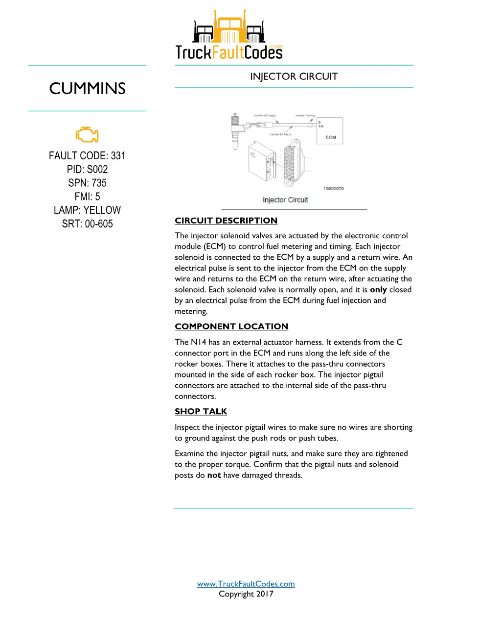 Cummins N14 code 331 injector circuit troubleshooting PDF — SPN - preview page 1 of 6