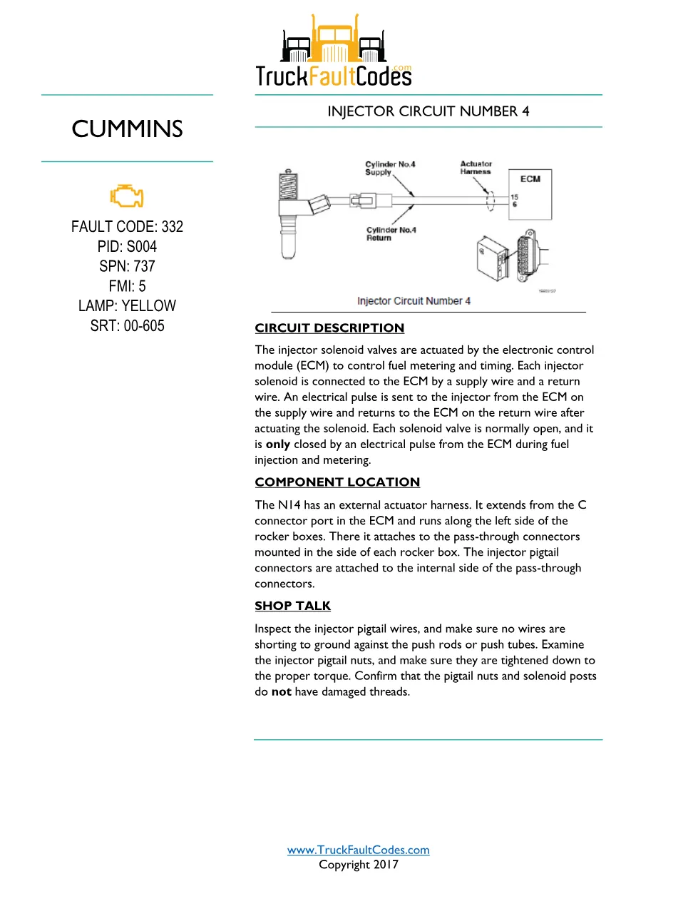 Cummins N14 Code 332 — Injector Circuit #4 Fault Troubleshooting - preview page 1 of 6