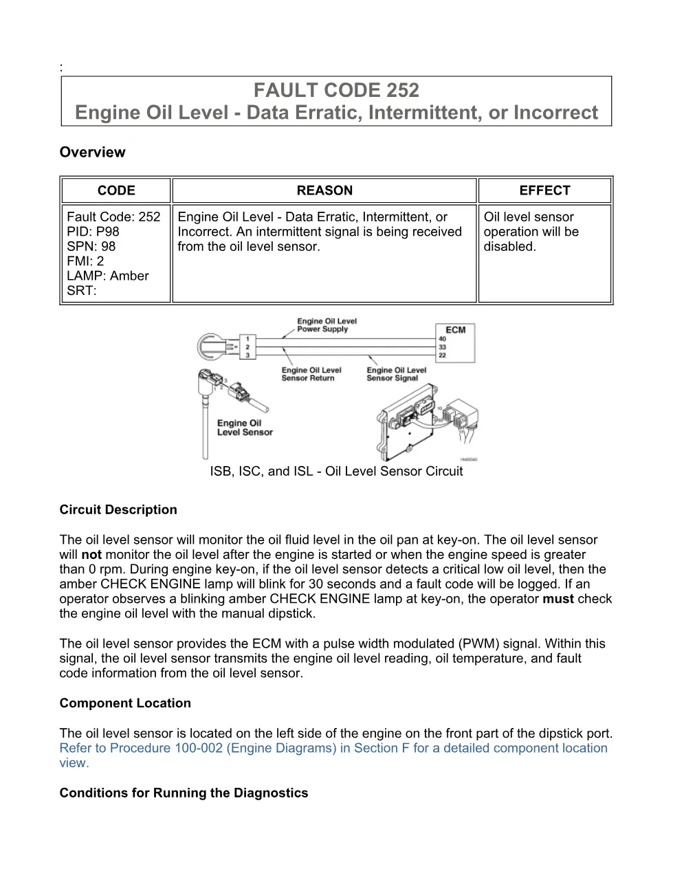Cummins oil level sensor troubleshooting manual — Fault Code 252 - preview page 1 of 3