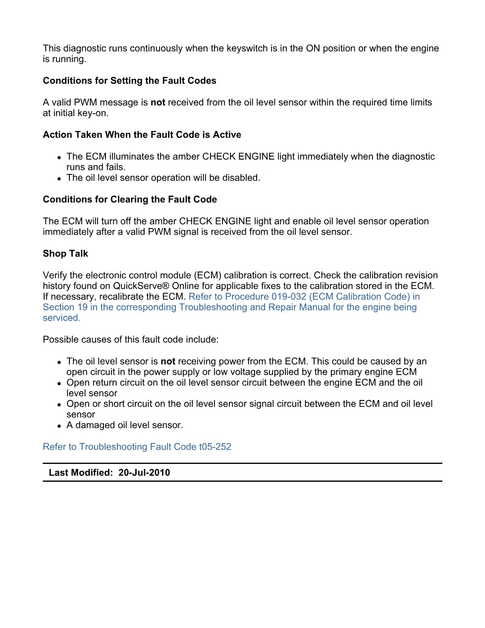Cummins oil level sensor troubleshooting manual — Fault Code 252 - preview page 2 of 3