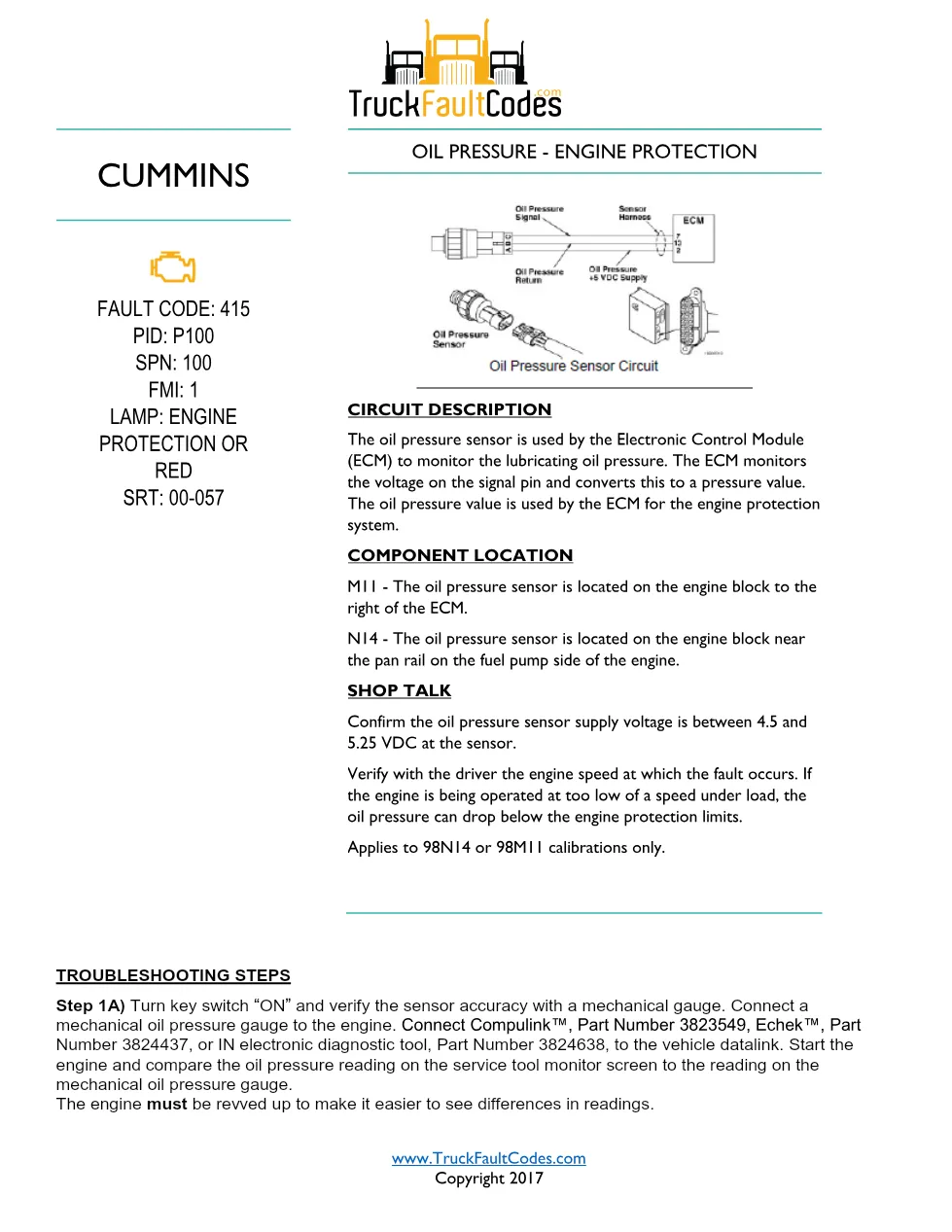 Cummins oil pressure sensor — Fault Code 415 Engine Protection - preview page 1 of 2