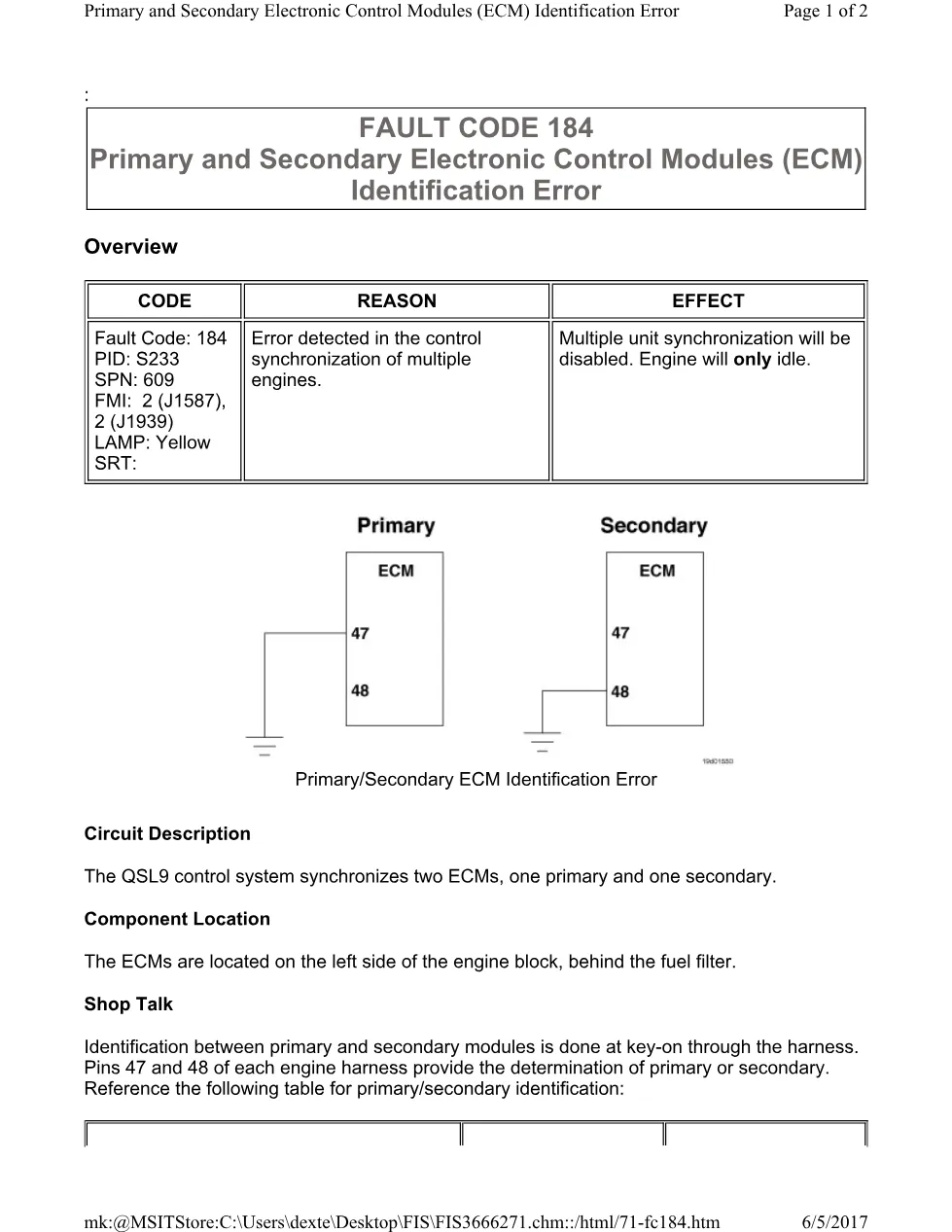 Cummins QSL9 ECM 184 primary and secondary electronic control - preview page 1 of 2