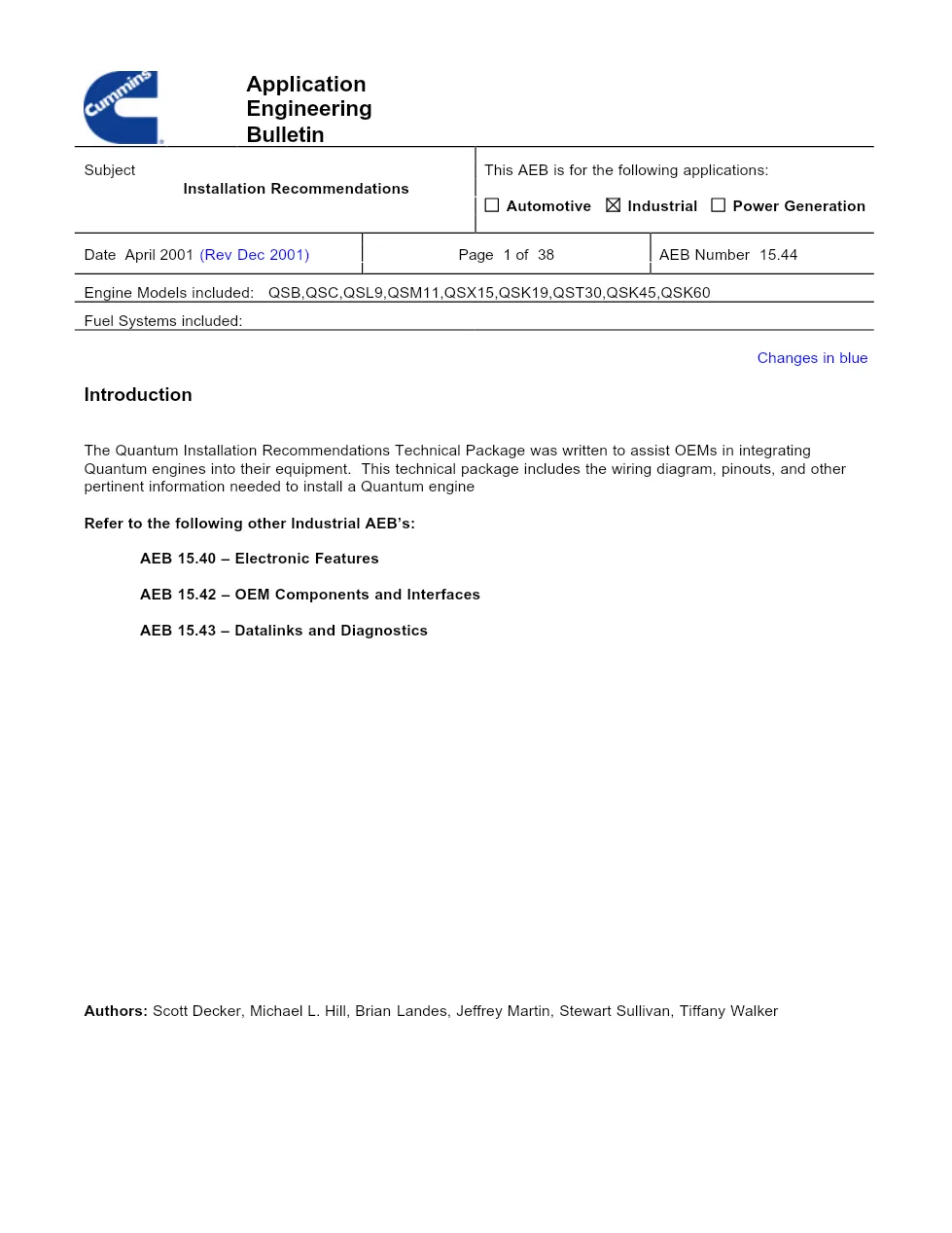 Cummins Quantum installation document — AEB 15.44 — PDF, 38 pages - preview page 1 of 3