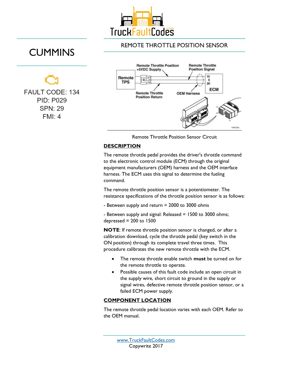 Cummins remote throttle sensor troubleshooting — Fault Code 134 - preview page 1 of 3