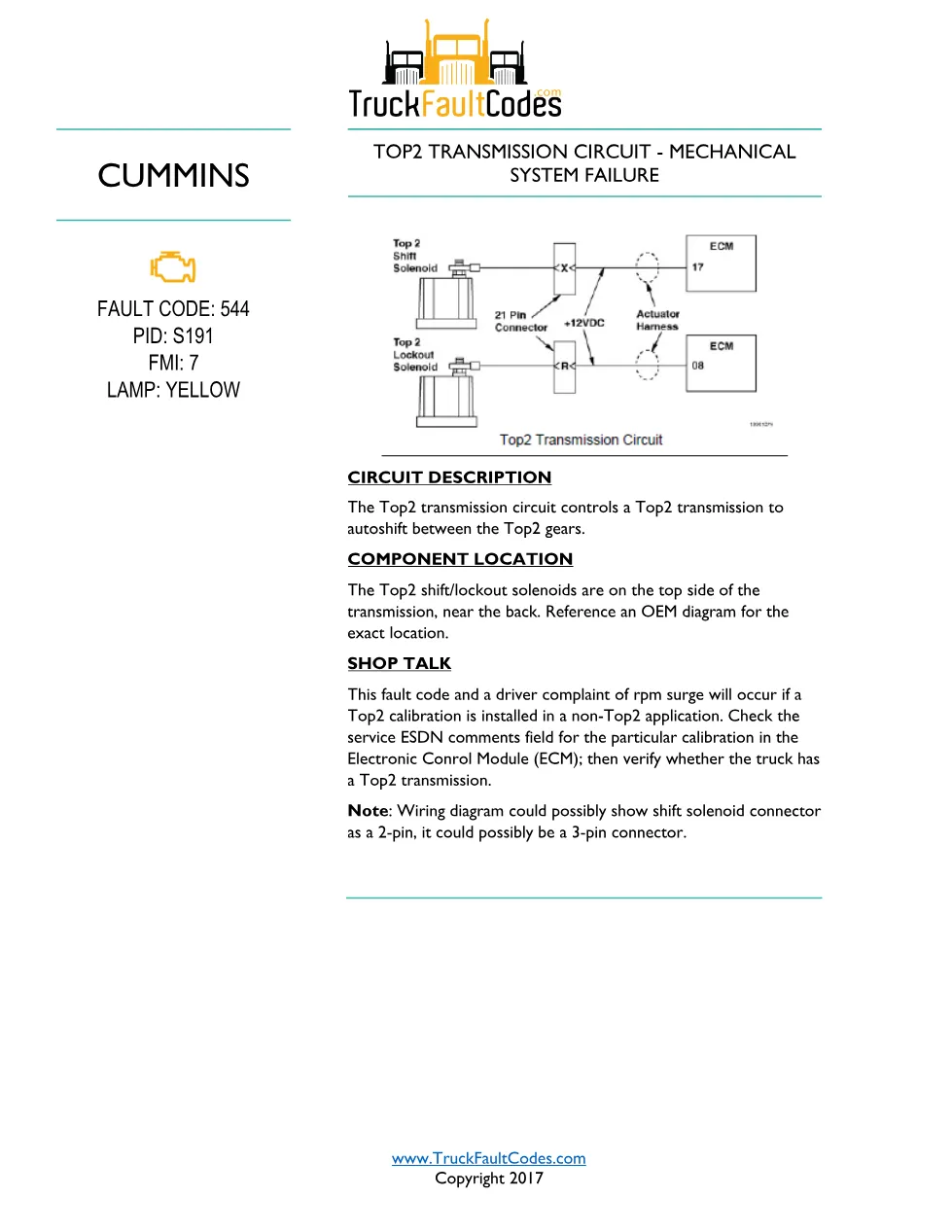 Cummins Top2 transmission circuit — Fault Code 544 (PID S191, FMI - preview page 1 of 6