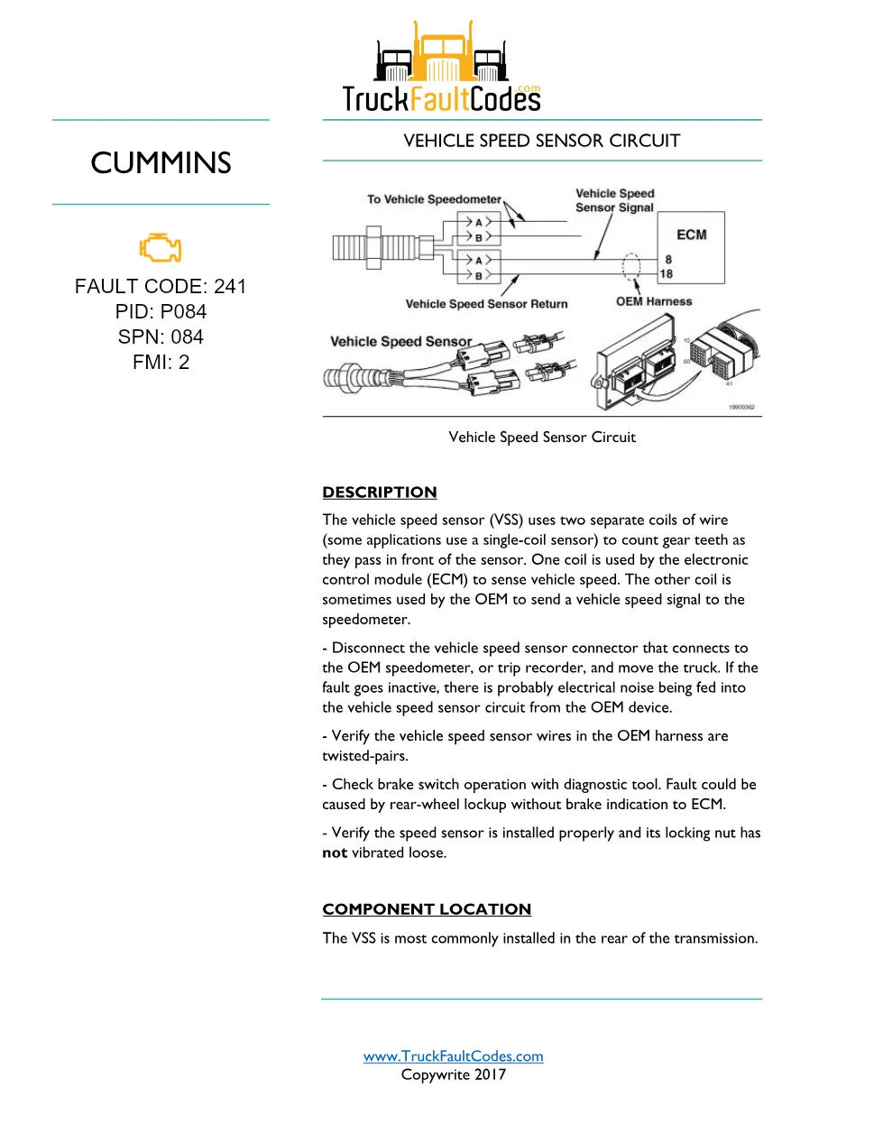 Cummins vehicle speed sensor troubleshooting manual — Fault Code - preview page 1 of 3
