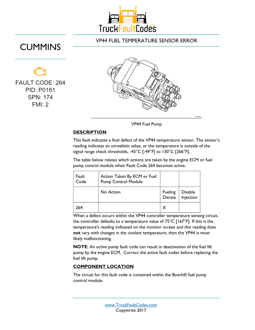 Cummins VP44 fault code troubleshooting manual — Fault Code - preview page 1 of 3