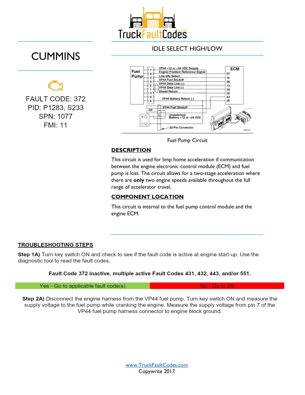 Cummins VP44 fault troubleshooting — Fault Code 372 — PDF, 4 - preview page 1 of 3