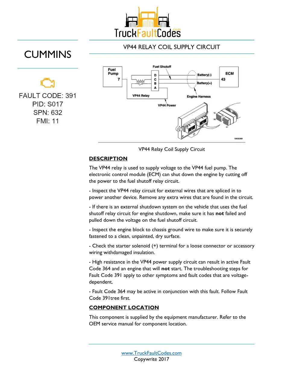 Cummins VP44 relay circuit troubleshooting manual — Fault Code - preview page 1 of 3