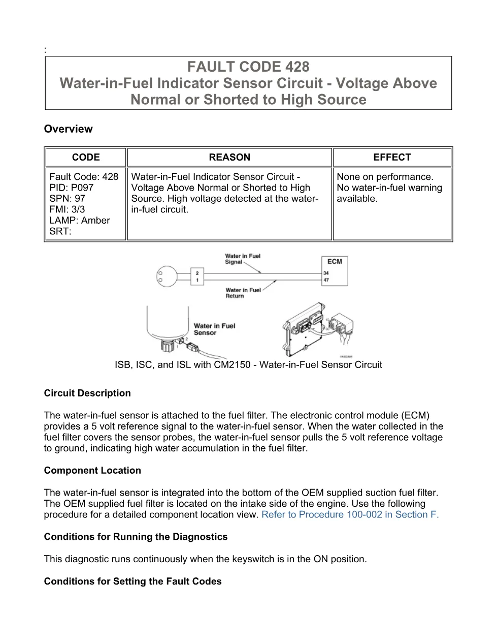 Cummins water fuel sensor troubleshooting manual — Fault Code 428 - preview page 1 of 3