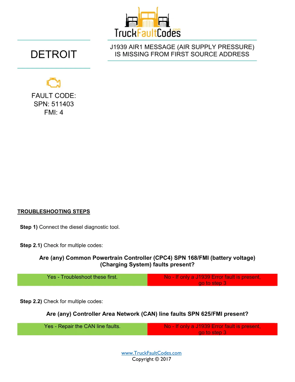 Detroit AIR1 first source — Detroit SPN 511403 FMI 4 fault code - preview page 1 of 2