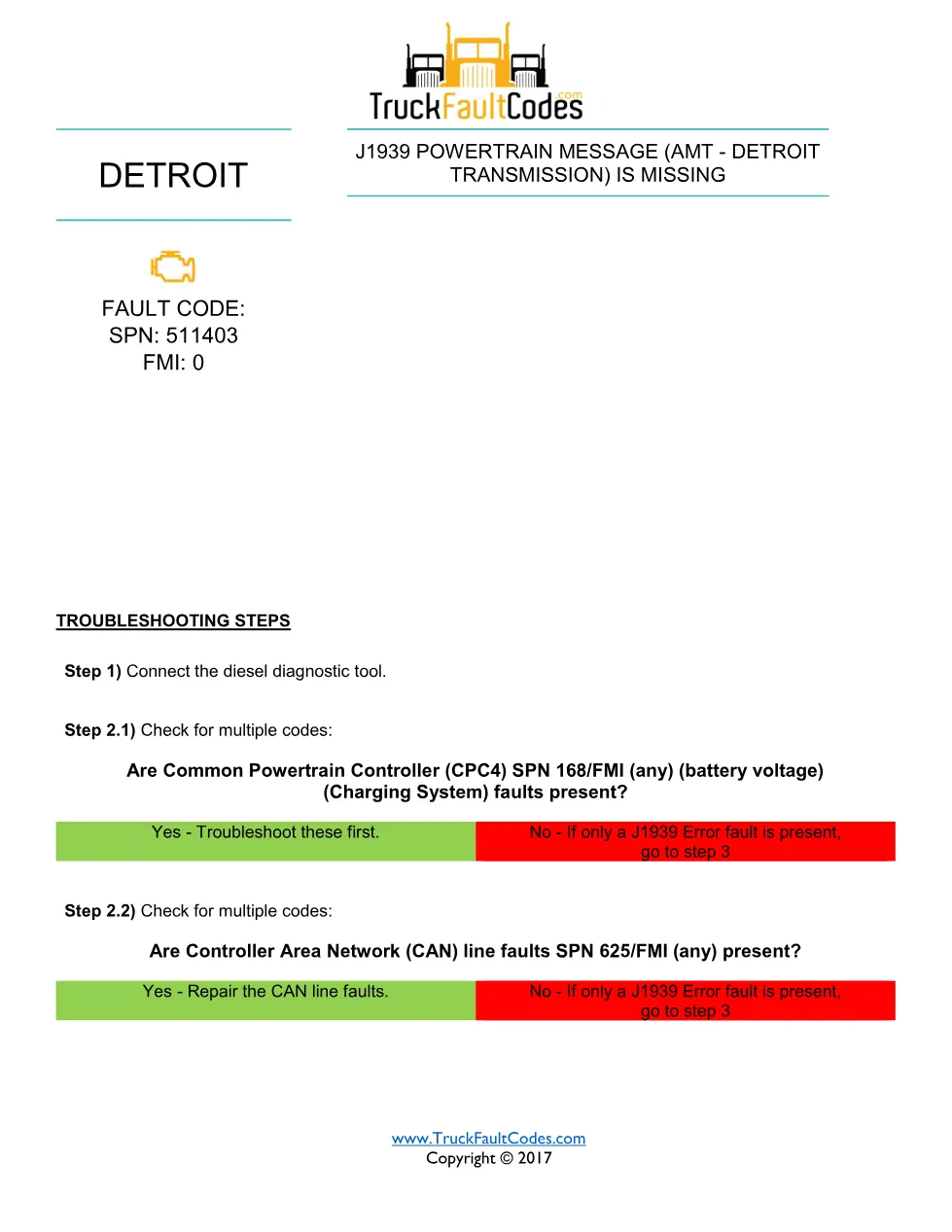 Detroit AMT transmission message — Detroit SPN 511403 FMI 0 fault - preview page 1 of 2