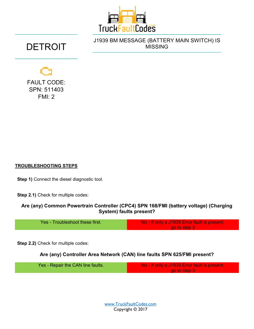 Detroit battery main switch — Detroit SPN 511403 FMI 2 fault code - preview page 1 of 2