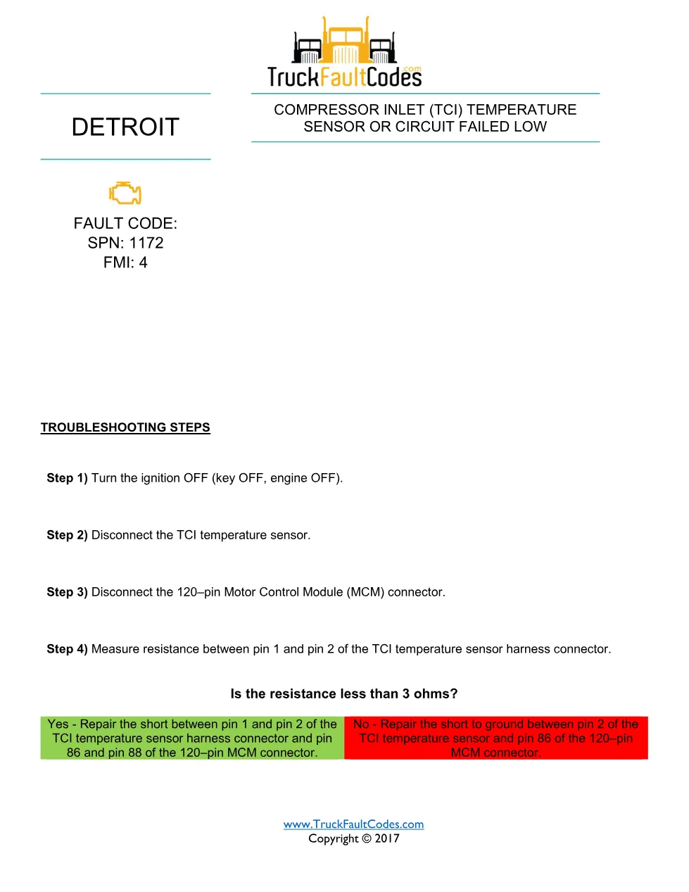 Detroit compressor inlet sensor Fault Code Troubleshooting Sheet - page 1 is available after signing in