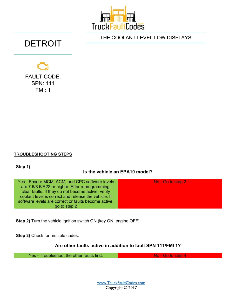 Detroit coolant level fault — Coolant Level Low fault code SPN - preview page 1 of 2