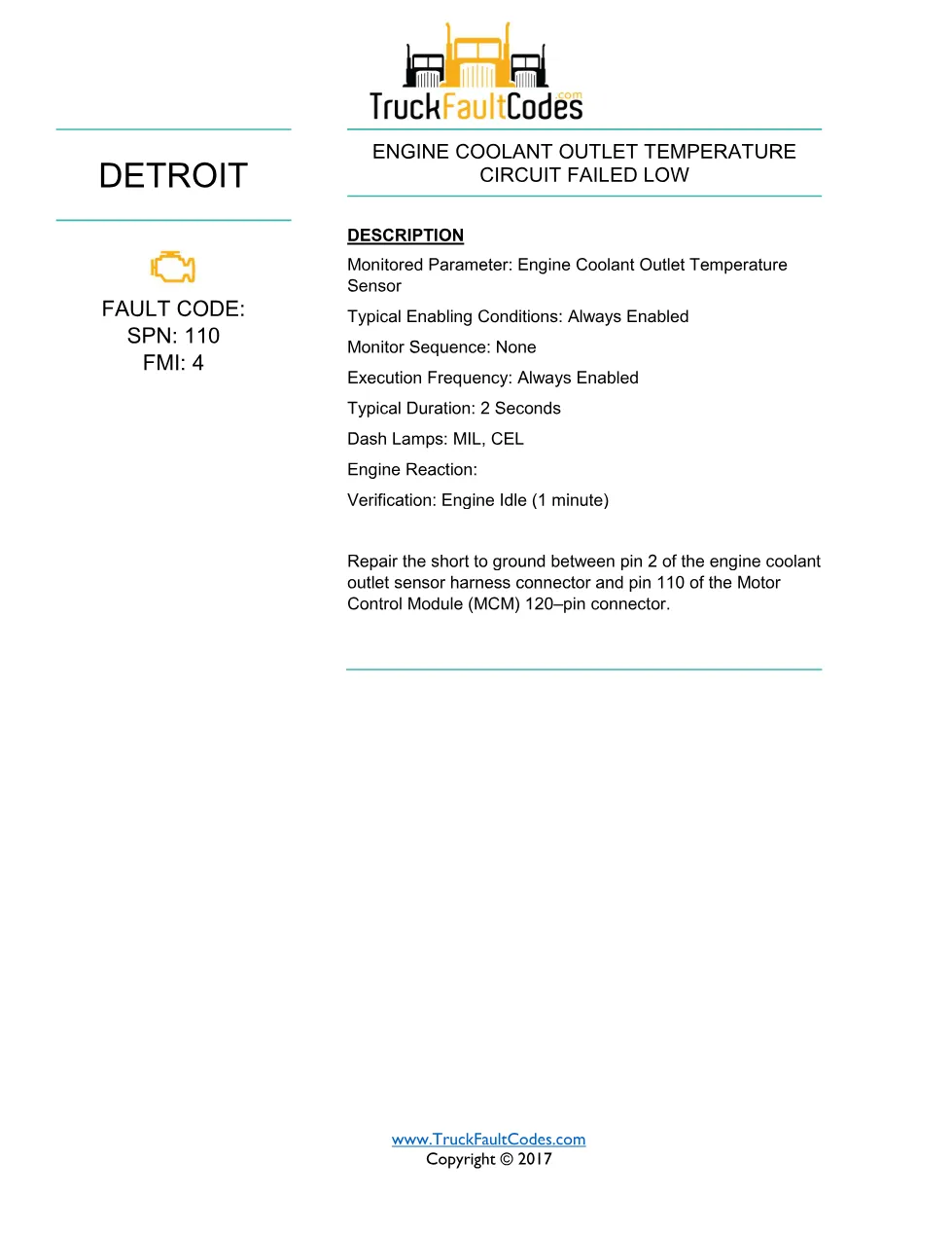 Detroit coolant outlet circuit — SPN 110/FMI 4 troubleshooting - page 1 is available after signing in
