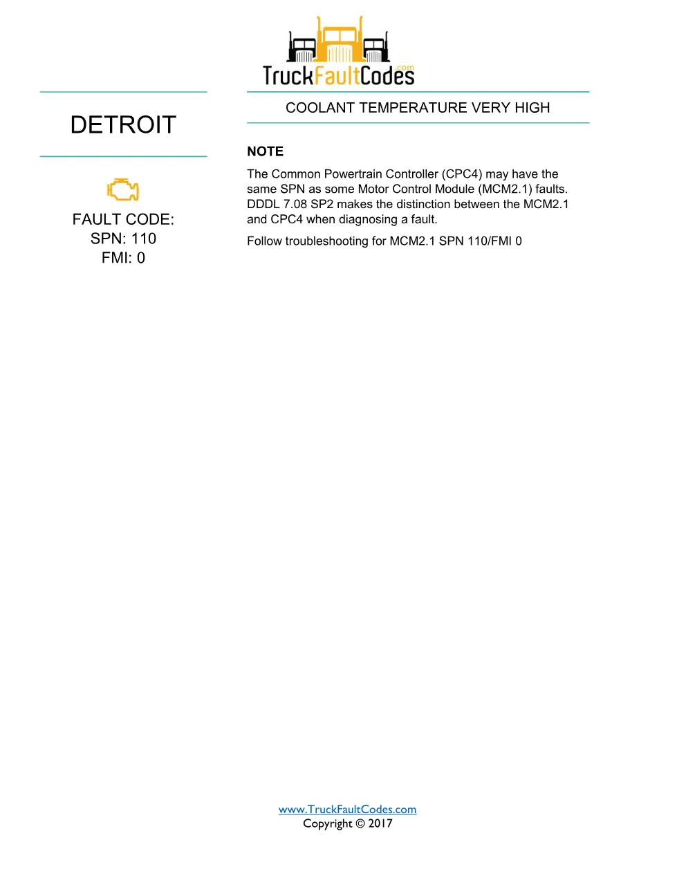 Detroit CPC4 coolant fault — Coolant Temperature Very High fault - page 1 is available after signing in