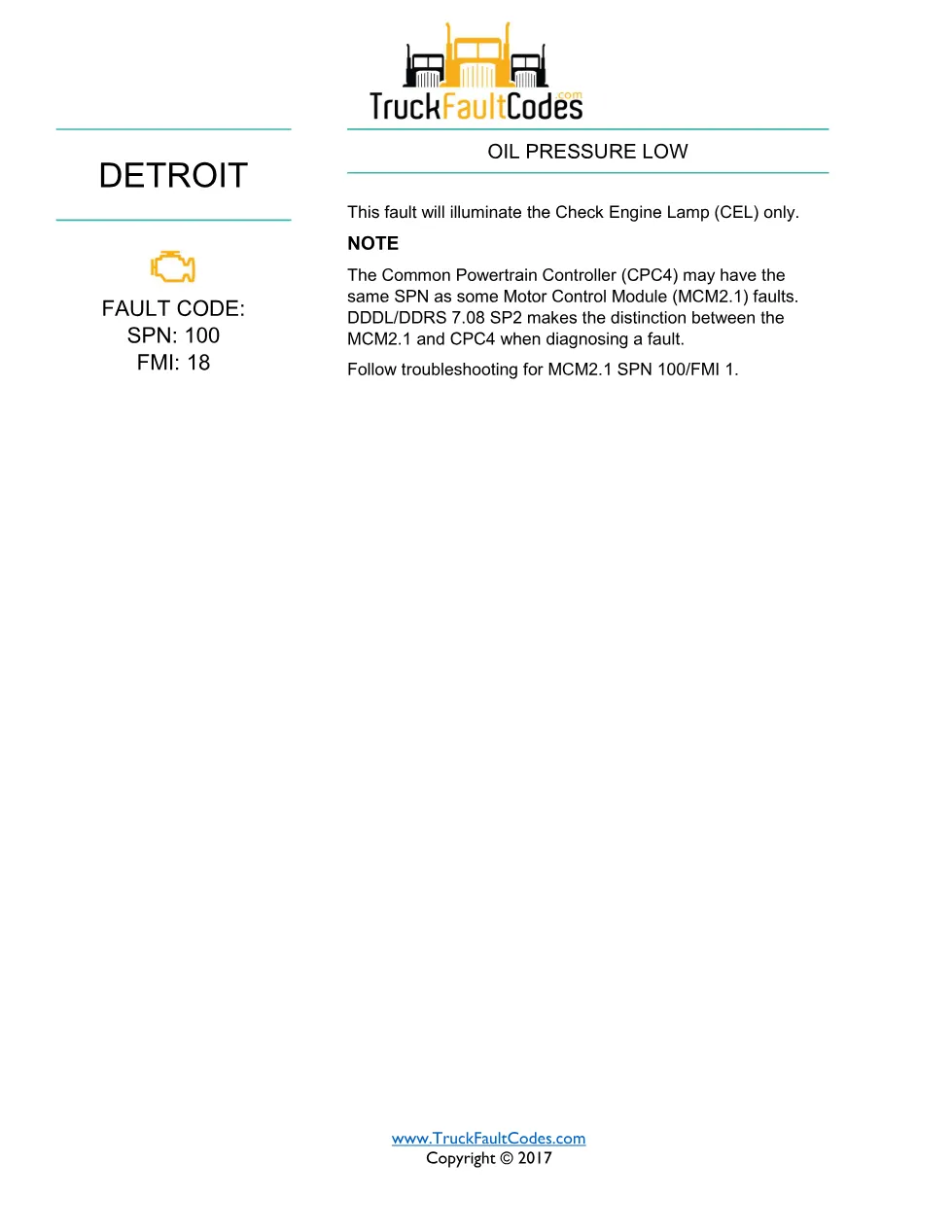 Detroit CPC4 oil pressure — Oil Pressure Low fault code SPN - page 1 is available after signing in