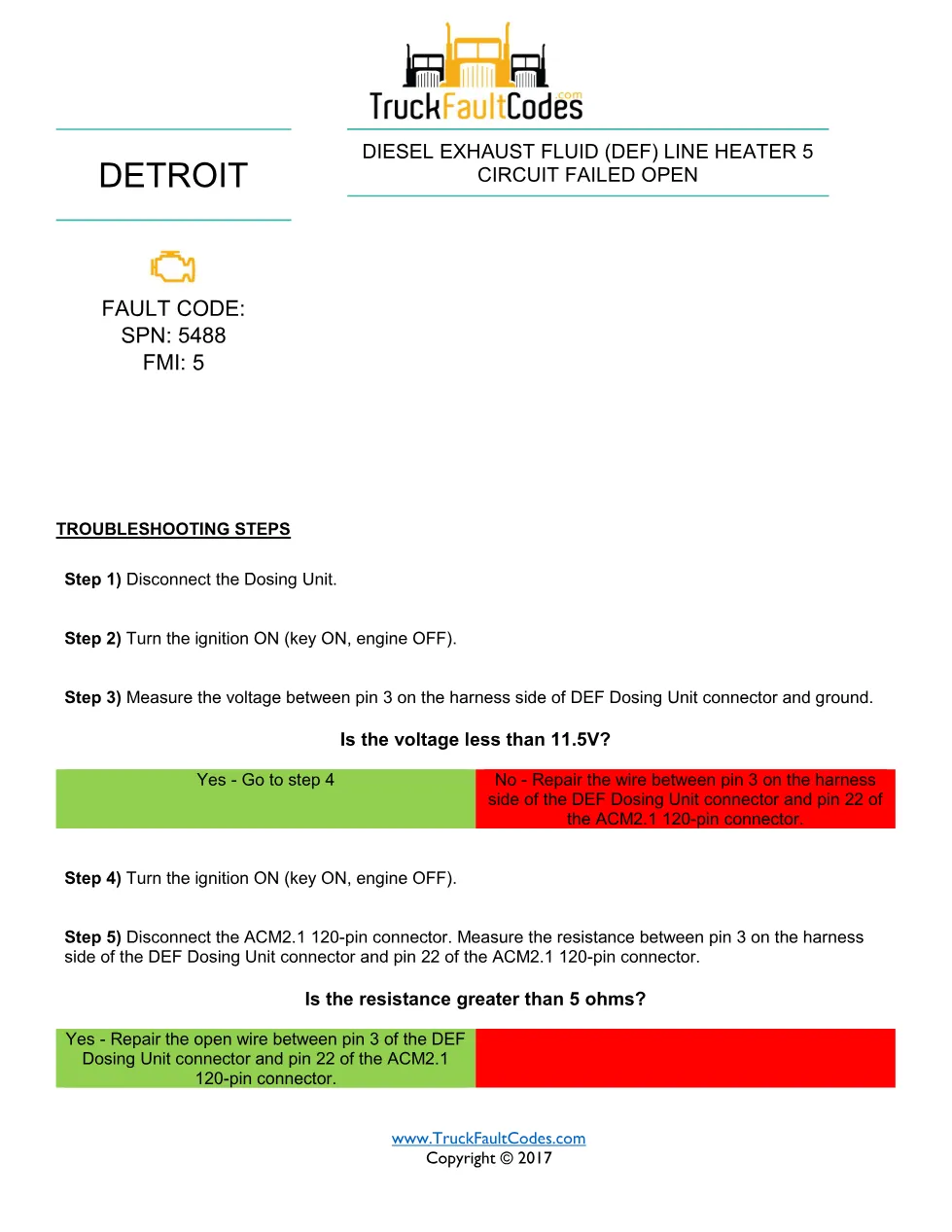 Detroit DEF heater open — Detroit SPN 5488 FMI 5 fault code - preview page 1 of 2