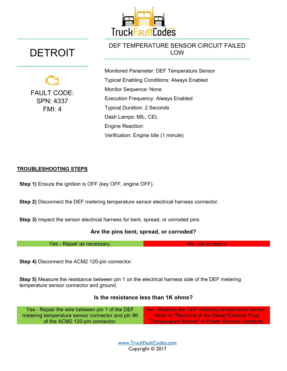 Detroit DEF temperature sensor fault SPN 4337 FMI 4 EPA10 – Guide - page 1 is available after signing in